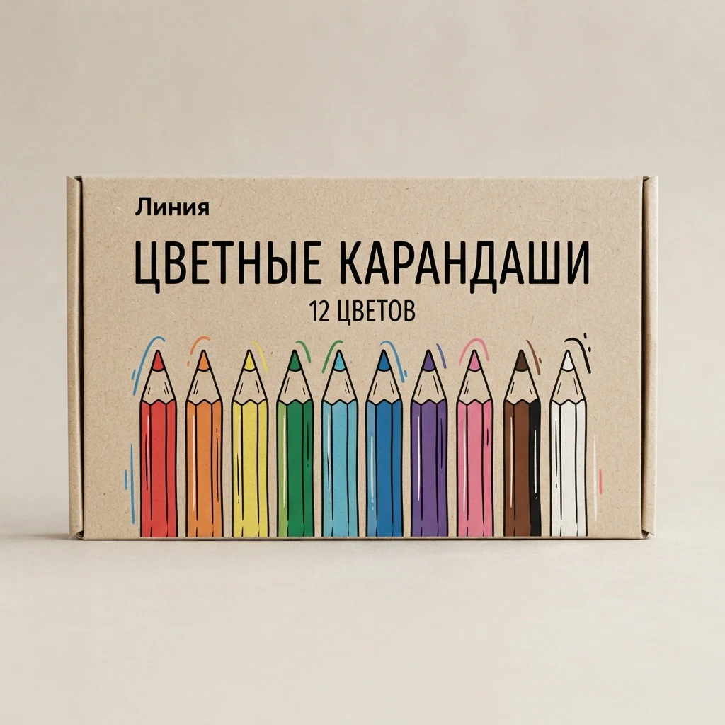После уточнения надписи стали русскими. Количество нарисованных карандашей осталось прежним — десять. Второй эскиз Guru: надписи Линия, Цветные карандаши и 12 цветов на русском, внизу по-прежнему десять карандашей