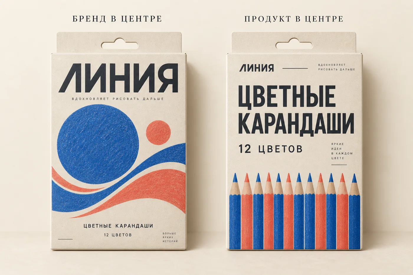 При одинаковой палитре можно изменить порядок чтения: сначала заметить марку или сначала понять, что за товар перед вами. Две коробки «Линия»: слева доминируют бренд и абстрактный рисунок, справа — название товара и количество цветов