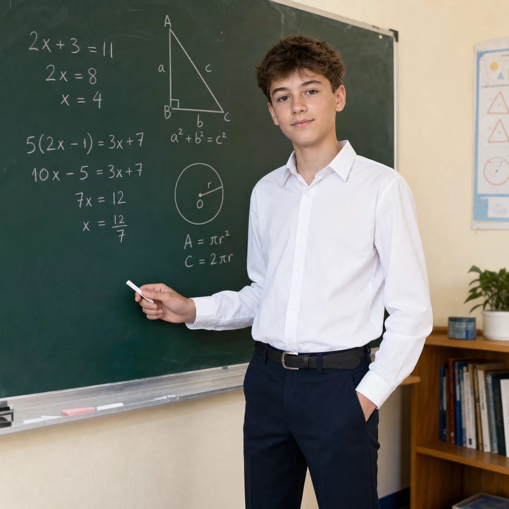Классический школьный портрет у меловой доски с формулами.