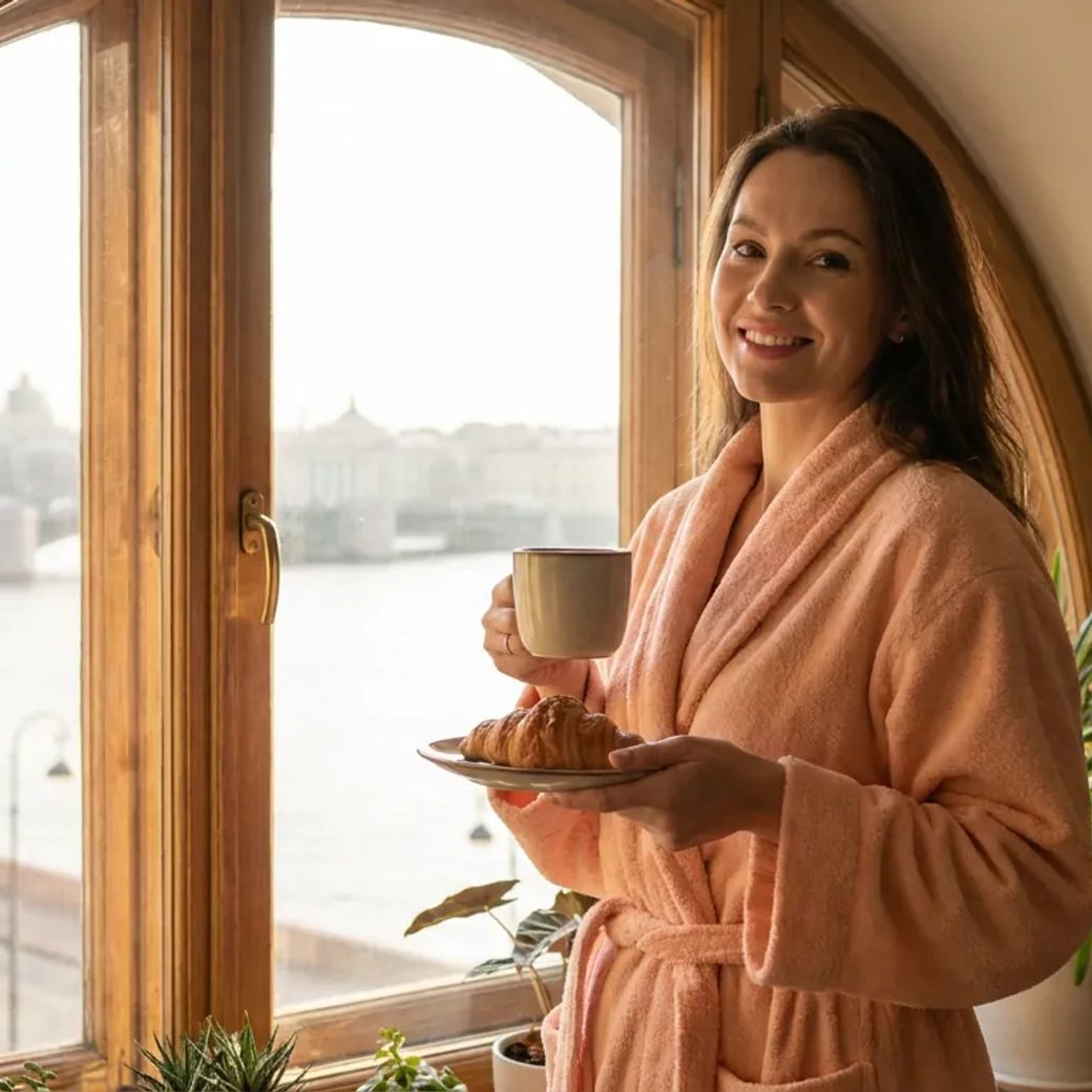 Женщина в нежном персиковом халате стоит у окна с видом на мосты Санкт-Петербурга, держа чашку кофе и тарелку с пирожным. Она тепло улыбается, смотря в камеру, естественный макияж, мягкий утренний свет наполняет комнату.