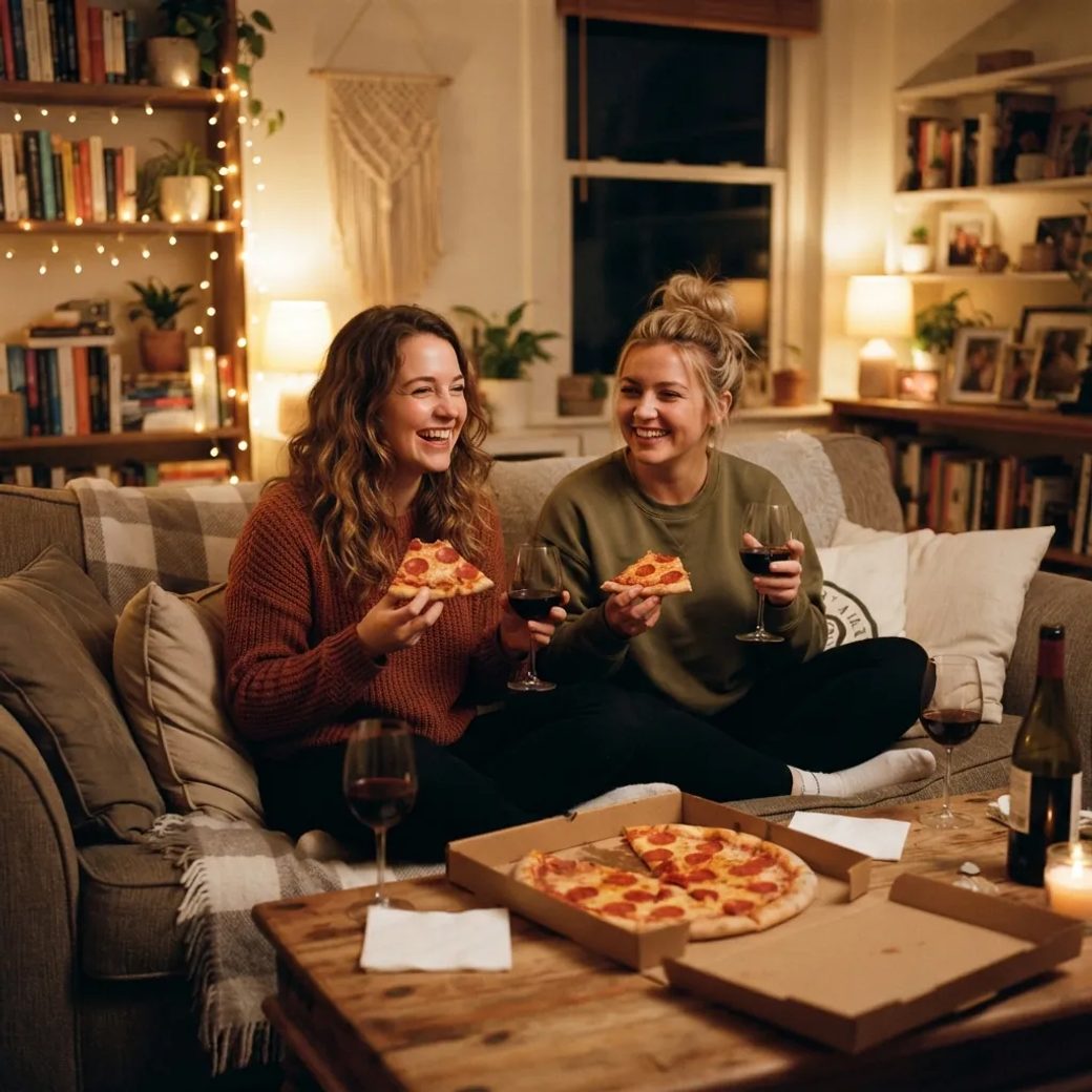 Тёплый вечер дома: две подруги сидят на диване с пиццей и бокалами вина. На заднем плане мягкий свет гирлянд. Атмосфера расслабления и дружбы.