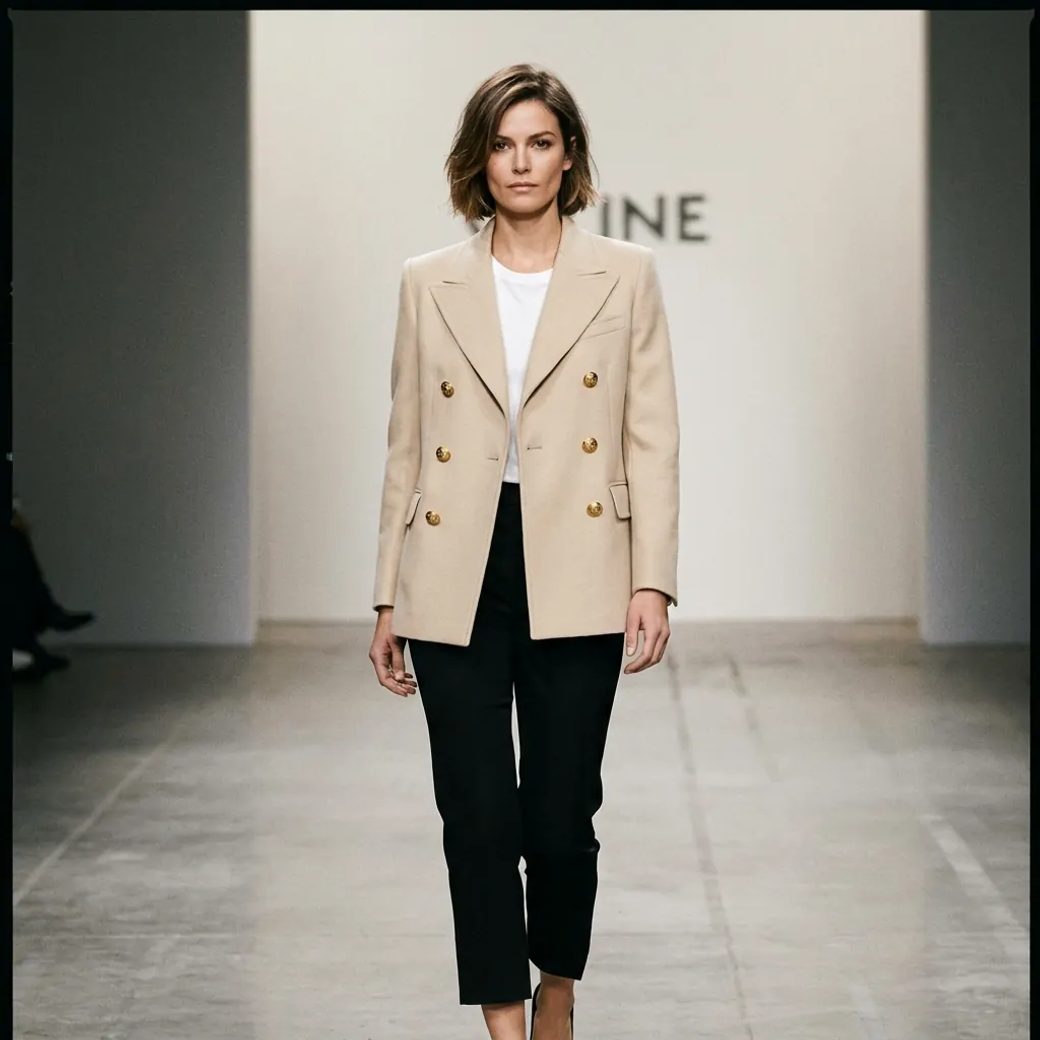 Женщина уверенно стоит на подиуме в одежде от Celine: светло-бежевая двубортная куртка с декоративными пуговицами, укороченные черные брюки и базовая белая футболка. Фон минималистичный, студийное мягкое освещение, средний план, прямой взгляд.