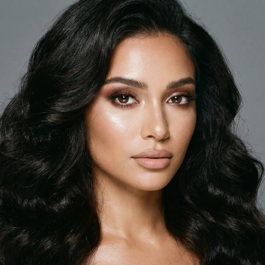 Фотосессия с визажем: голливудские локоны, smoky eyes коричневые тени, объёмные ресницы, крупный план