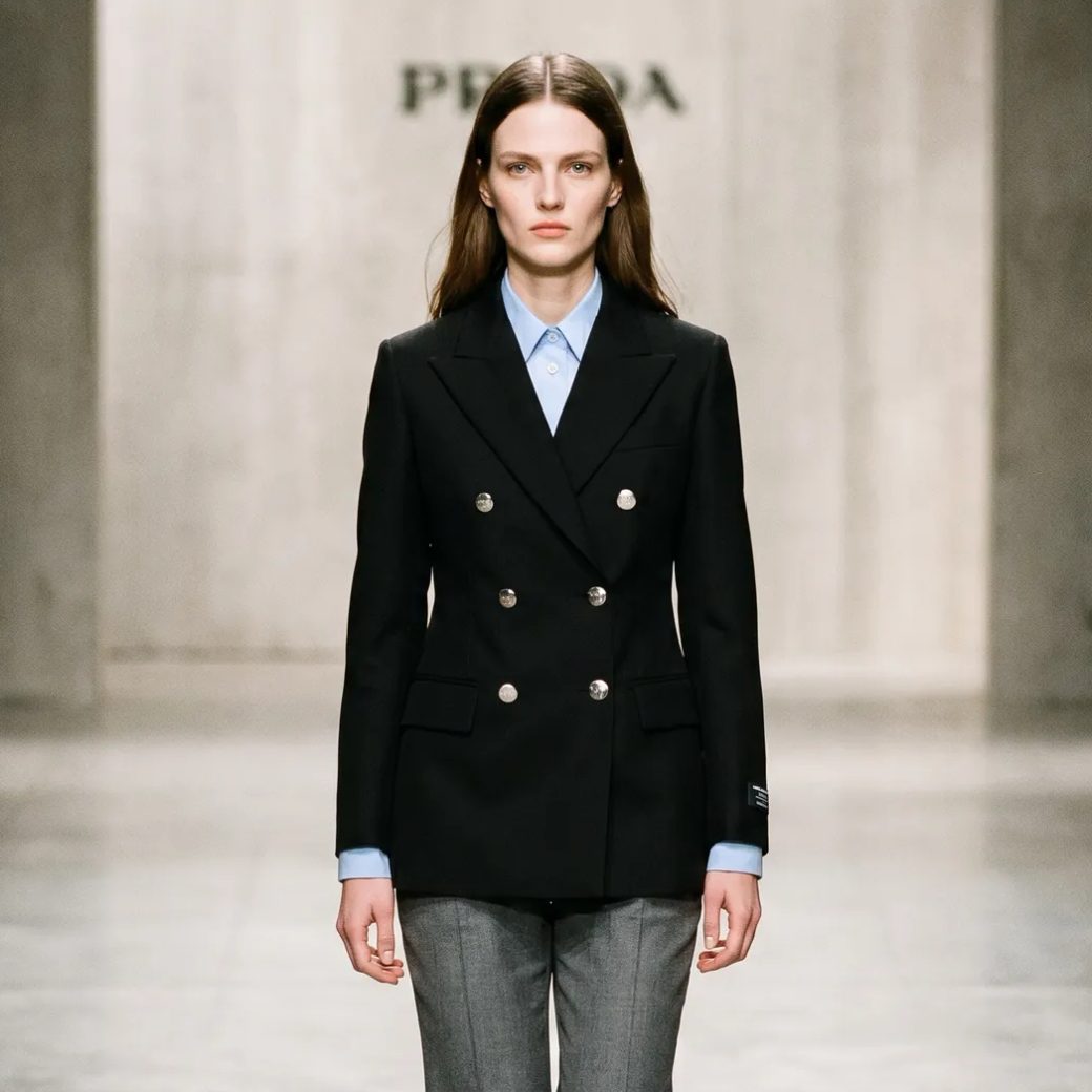 Женщина стоит на подиуме в стильном образе от Prada: строгий черный двубортный пиджак с серебристыми пуговицами, под ним светло-голубая классическая рубашка и серые классические брюки. Фон минималистичный, мягкое освещение, средний план, прямой взгляд.