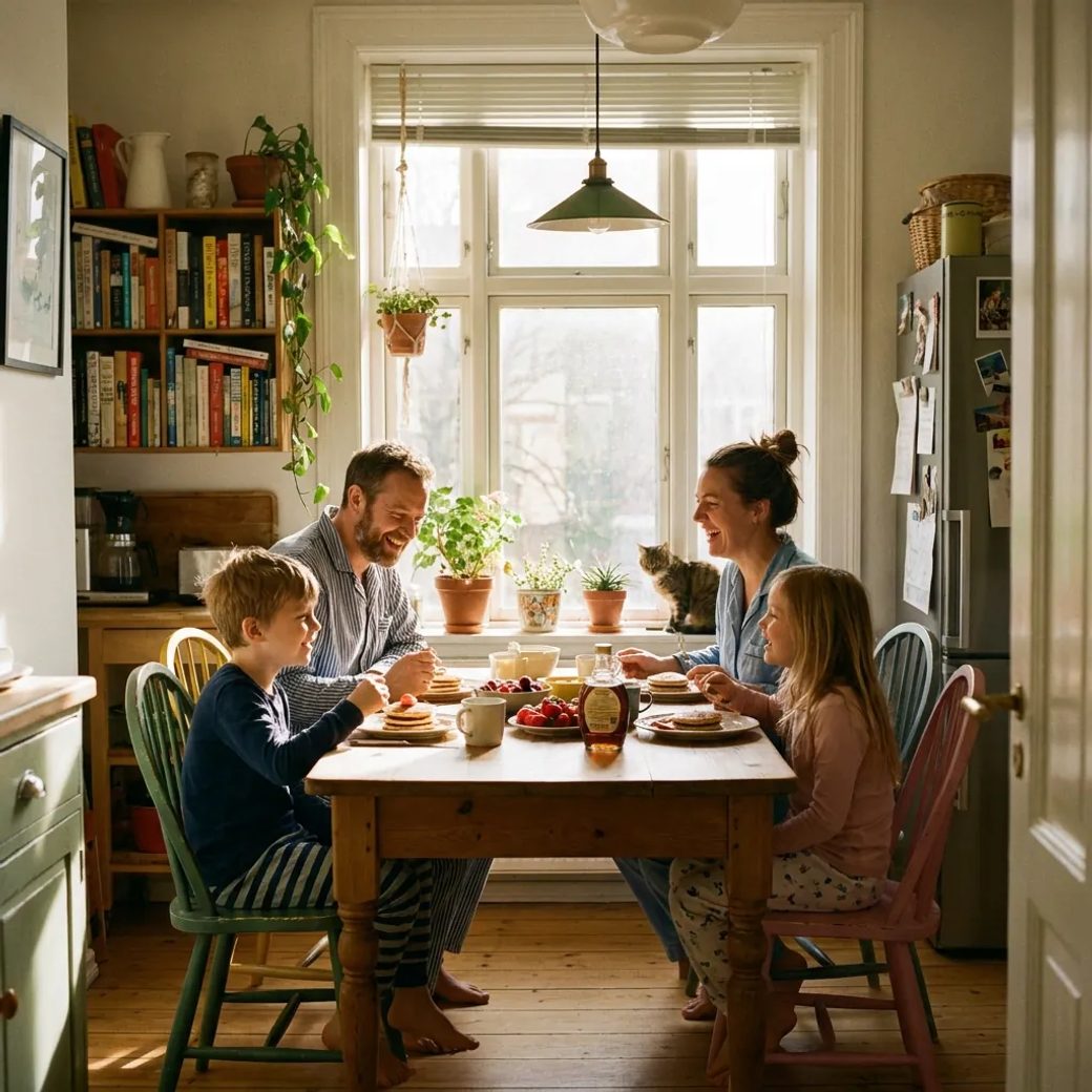 Семья из четырёх человек завтракает на уютной кухне в воскресное солнечное утро: родители и двое детей в пижамах, за столом стоят блинчики, мягкий свет из окна, домашняя идиллия.