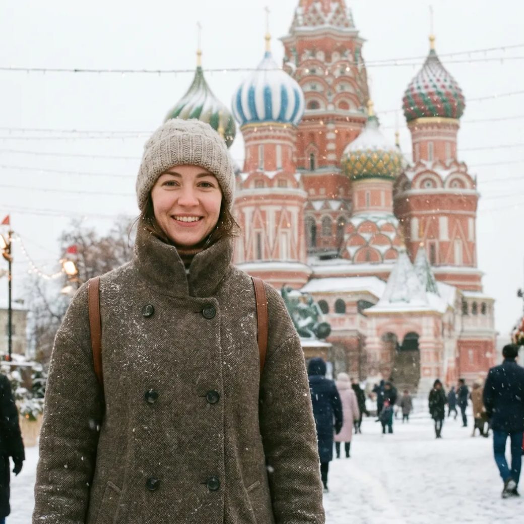 Женщина в пальто стоит на фоне Собора Василия Блаженного, смотрит прямо в камеру, вокруг зимний пейзаж с лёгким снегопадом.