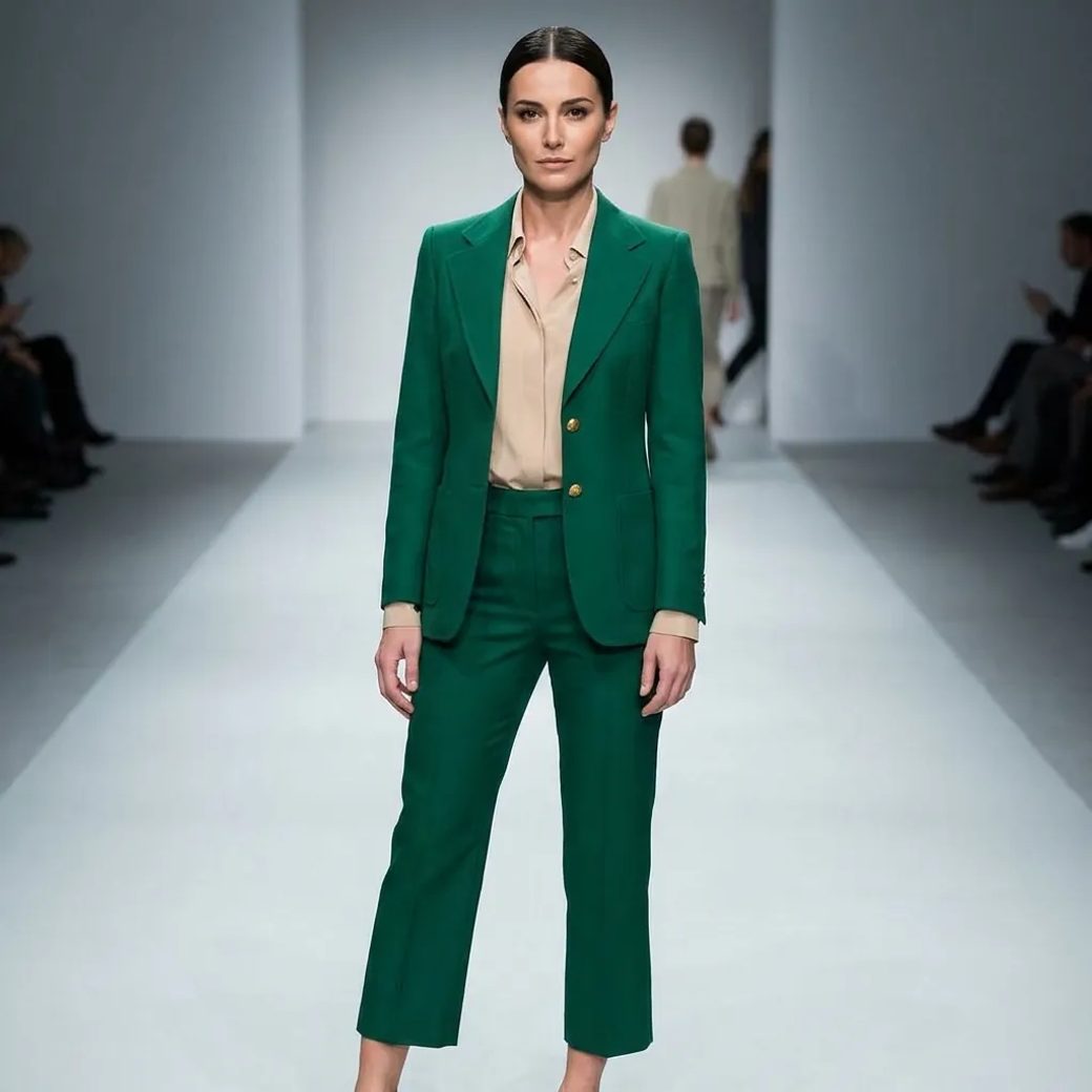 Женщина позирует на подиуме, на ней элегантный костюм от Gucci: жакет изумрудного оттенка с золотыми пуговицами и укороченные прямые брюки. Под жакетом бледно-бежевая шелковая блуза. Фон минималистичный, освещение мягкое, средний план, уверенный взгляд в камеру.