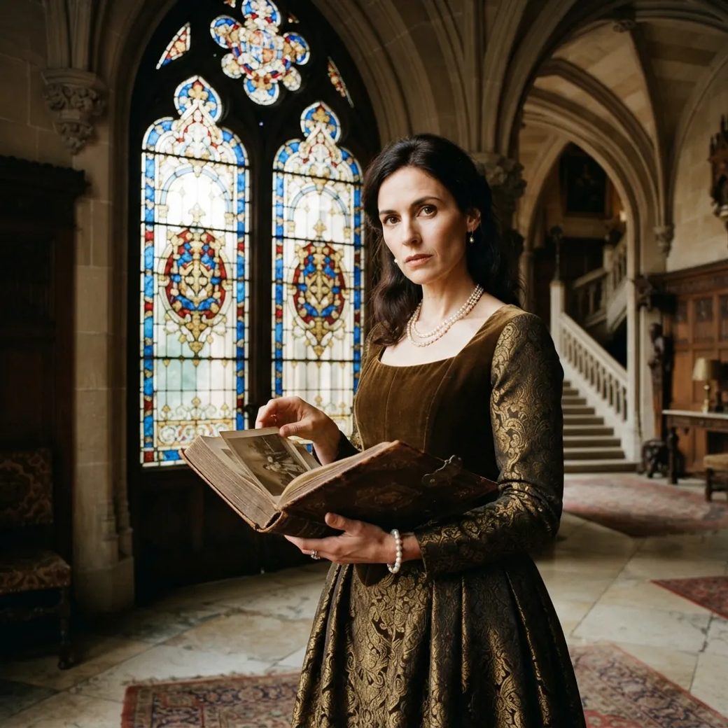 Женщина в темно-золотистом парчовом платье с бархатным лифом и длинными рукавами, украшенная тонким ожерельем из жемчуга, стоит у массивной витражной двери, листает кожаный альбом, внимательно смотря в камеру, вокруг строгий интерьер дворца.