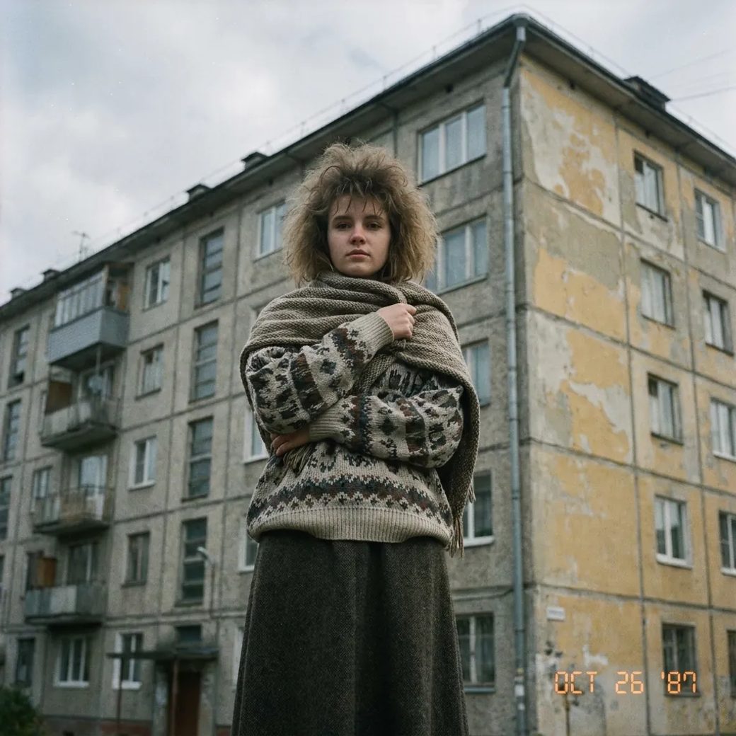 Девушка в объемной кофте с жаккардовым узором и длинной плотной юбке, на плечах старомодный шарф, волосы уложены в стиле 80-х, стоит у панельного дома с облупившейся штукатуркой, средний план, смотрит прямо в камеру, пленочная атмосфера.