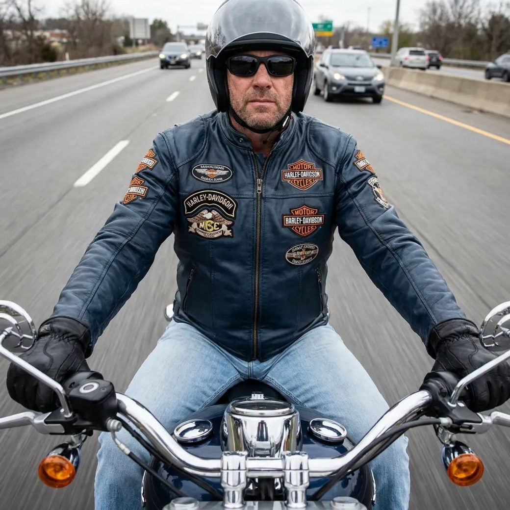 Мужчина в темно-синей кожаной куртке с нашивками Harley-Davidson, светлых джинсах и черных перчатках ведет мотоцикл по автомагистрали. Средний план, руки крепко держат руль, взгляд уверенно направлен в камеру, фон — полосы размытого асфальта.