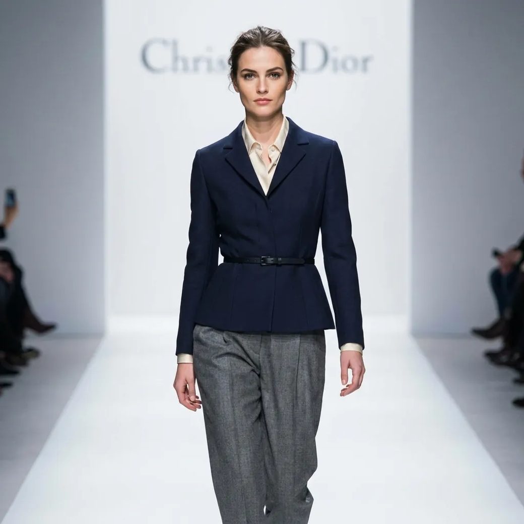 Женщина позирует на подиуме в образе от Dior: жакет темно-синего цвета с акцентированной талией и тонким поясом, под ним светлая шелковая блуза и строгие серые брюки с защипами. Фон чистый, освещение мягкое и равномерное, средний план, взгляд прямой.