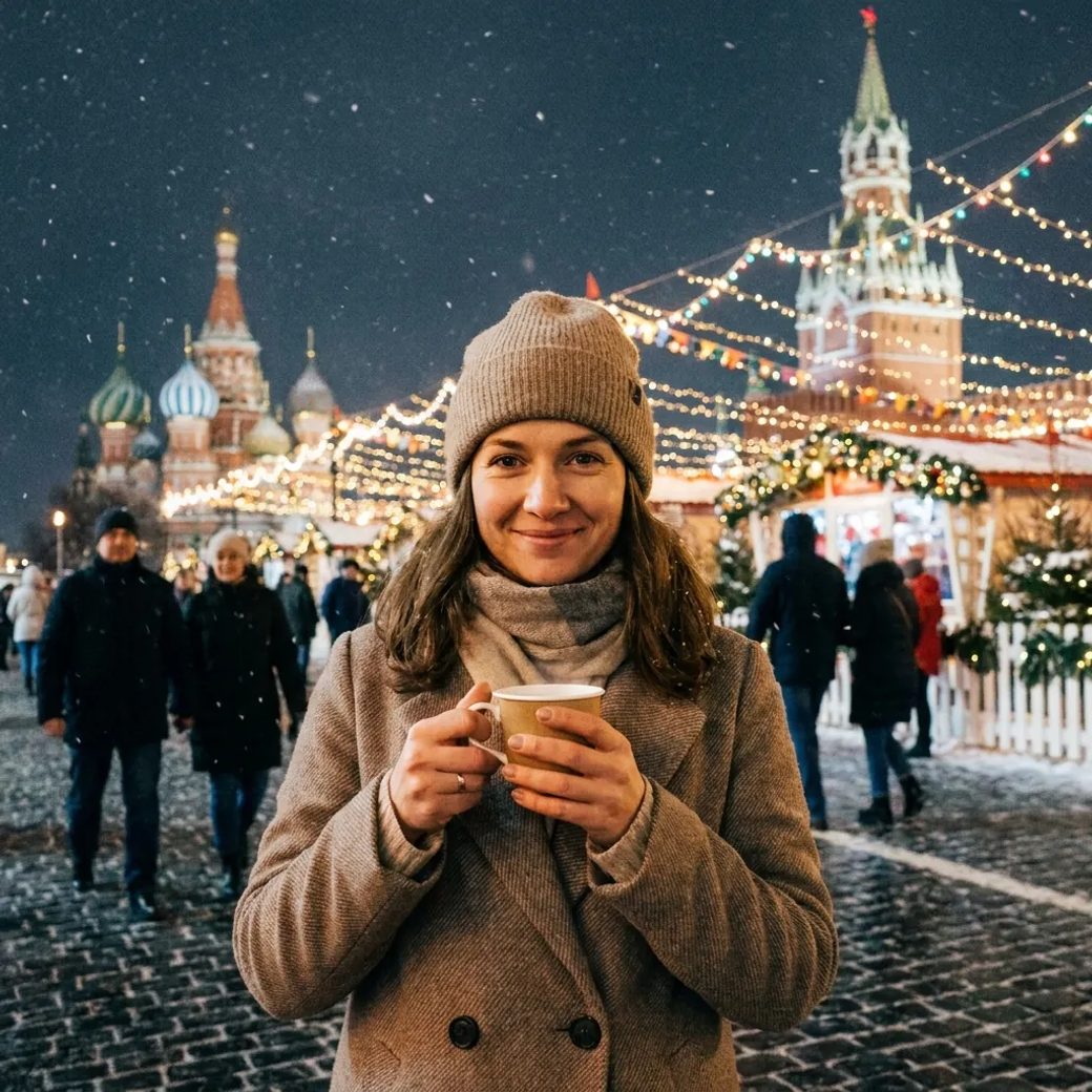 Женщина с чашкой горячего чая в руках стоит на Красной площади, смотря прямо в камеру, вокруг мерцают праздничные огни, создавая уютную атмосферу.