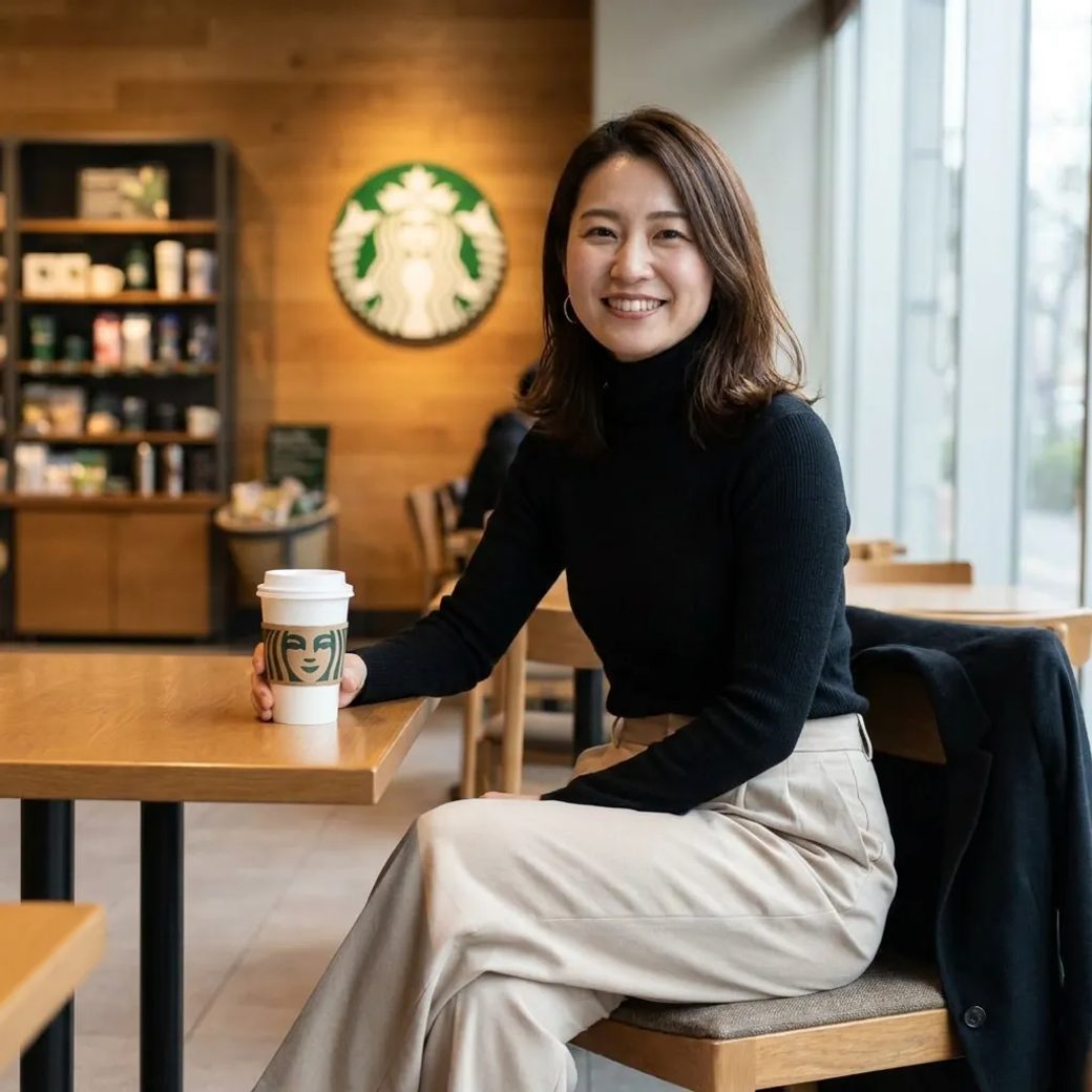 Фотосессия в кофейне в Starbucks: чёрная водолазка, фирменная чашка, деревянные элементы, улыбка