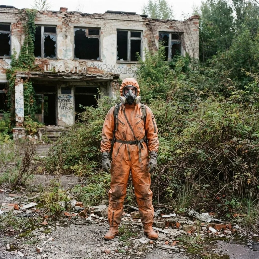 Человек в защитном костюме стоит перед полуразрушенной школой, за его спиной заросли кустов, смотрит прямо в камеру.