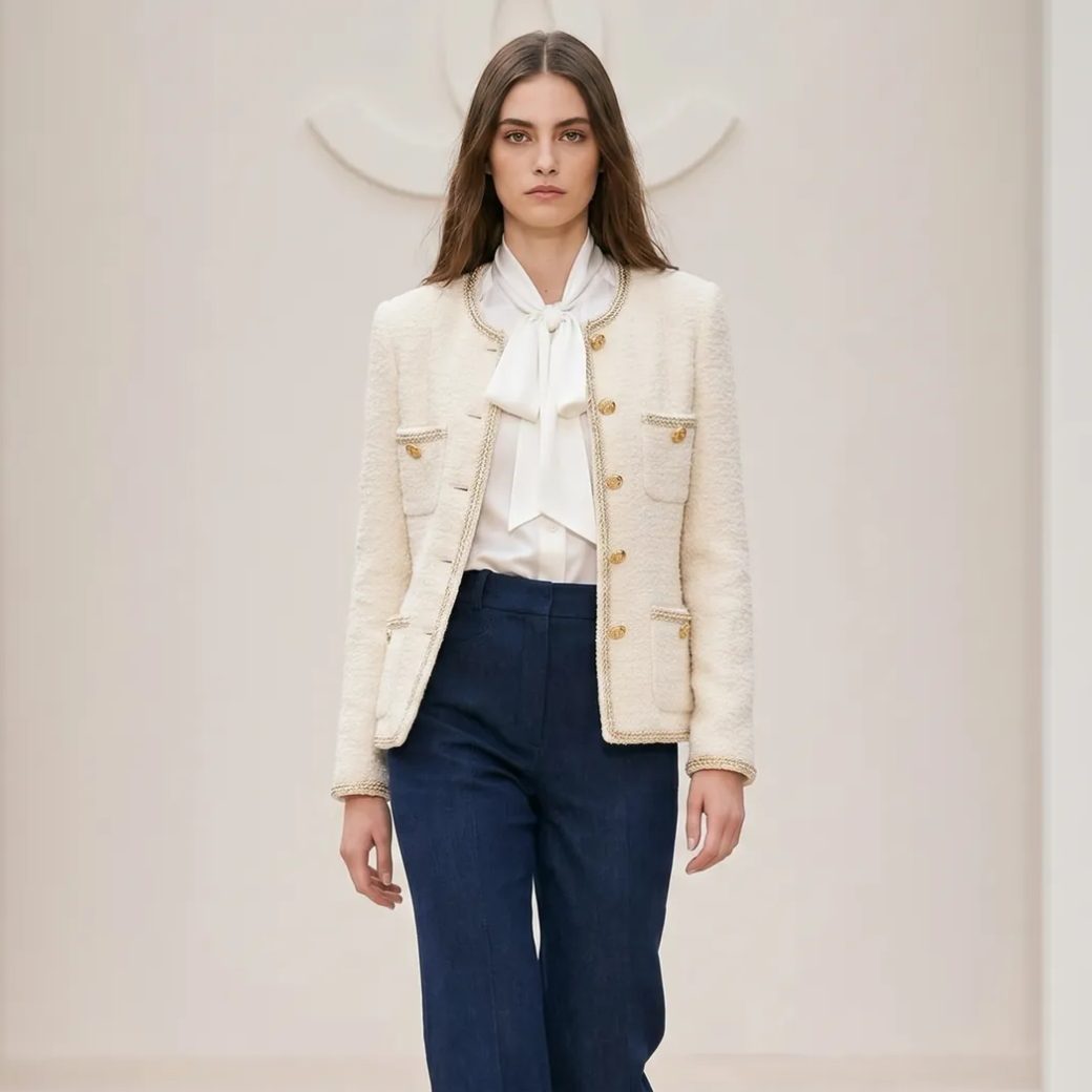 Женщина на подиуме в образе от Chanel: короткий жакет кремового оттенка из твида с золотыми пуговицами, лаконичная белая блуза и темно-синие прямые брюки с высокой талией. Освещение мягкое, фон минималистичный, средний план, прямой взгляд.