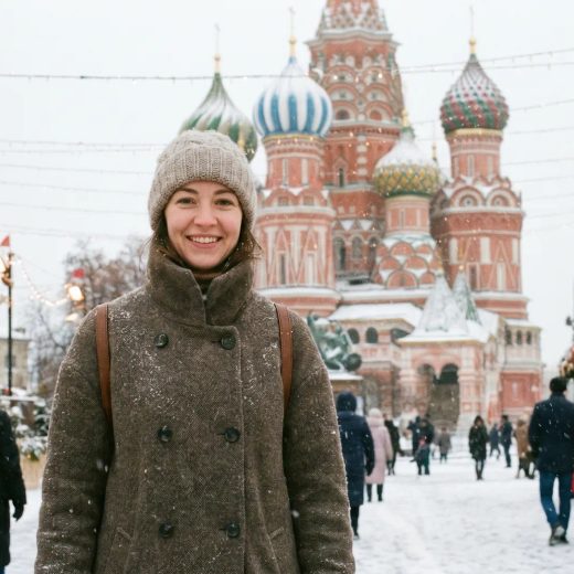 Женщина в пальто стоит на фоне Собора Василия Блаженного, смотрит прямо в камеру, вокруг зимний пейзаж с лёгким снегопадом.