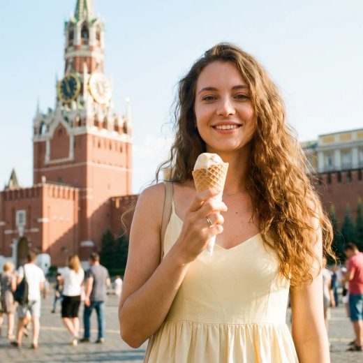 Молодая женщина с длинными волосами в лёгком светло-жёлтом платье стоит на Красной площади, глядя прямо в камеру, средний план, в одной руке держит мороженое в вафельном рожке; позади видна Спасская башня и туристы, солнечный летний день.