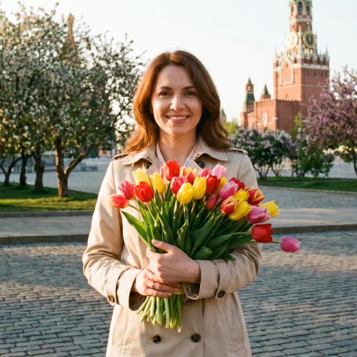 Женщина с каштановыми волосами в светлом лёгком пальто стоит на мощёной Красной площади, смотря прямо в камеру, в руках букет весенних тюльпанов, позади цветущие деревья и Спасская башня, тёплый утренний свет.