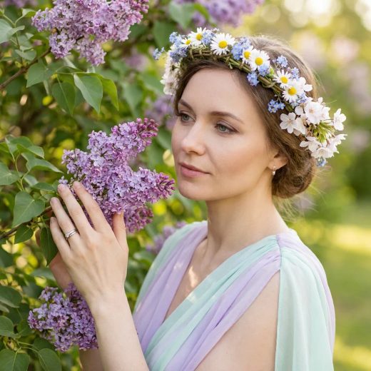 Женщина с венком из свежих весенних цветов на голове стоит у куста цветущей сирени, легко касаясь ветвей руками. Её взгляд направлен в сторону, лицо выражает мечтательность. На ней воздушное платье пастельных оттенков. Крупный план.