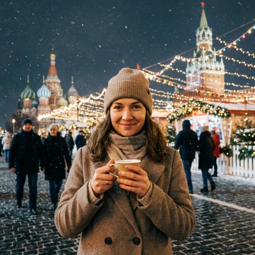 Женщина с чашкой горячего чая в руках стоит на Красной площади, смотря прямо в камеру, вокруг мерцают праздничные огни, создавая уютную атмосферу.
