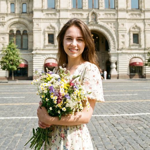 Молодая женщина в лёгком летнем платье с цветочным узором стоит на Красной площади, смотря прямо в камеру, в руках держит букет полевых цветов. Позади четко виден фасад ГУМа и брусчатка, солнечная летняя атмосфера.